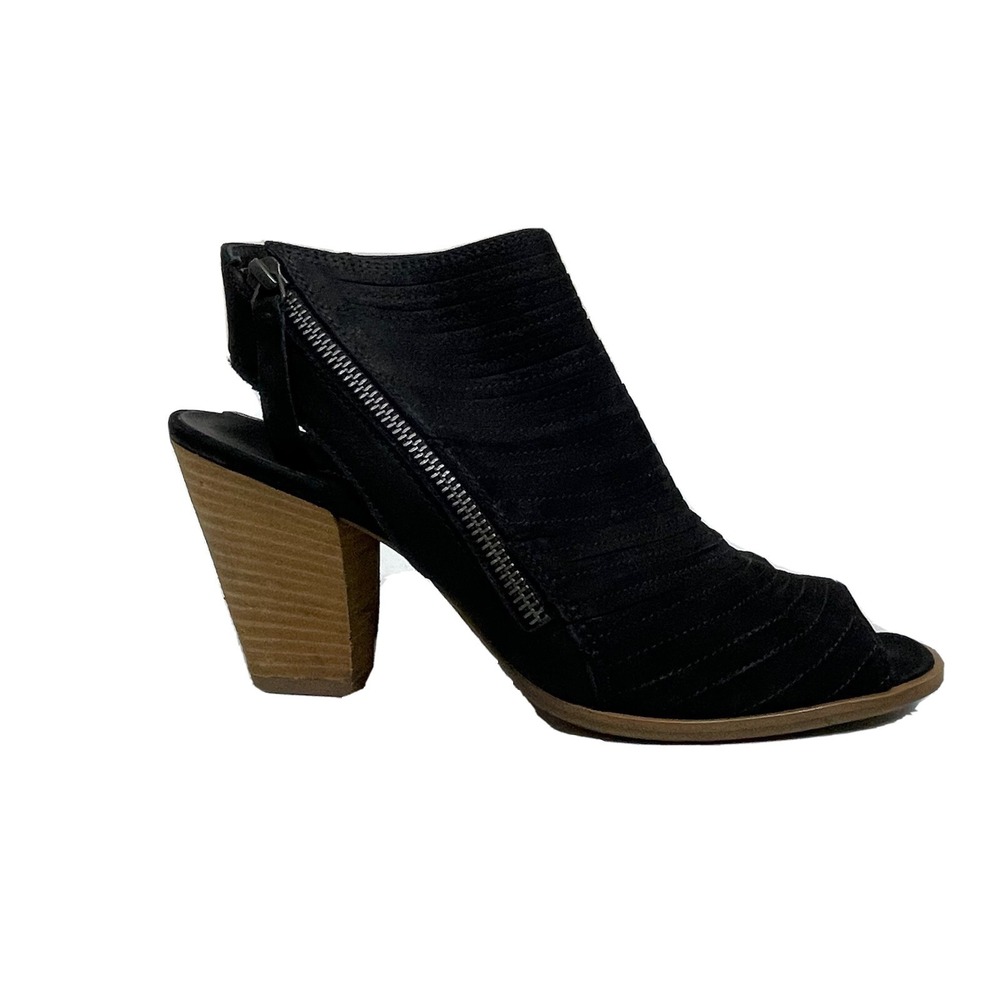 Paul Green Peep Toe Sandal Booties Women 7 Black Leather Block Heel Pleated Edgy